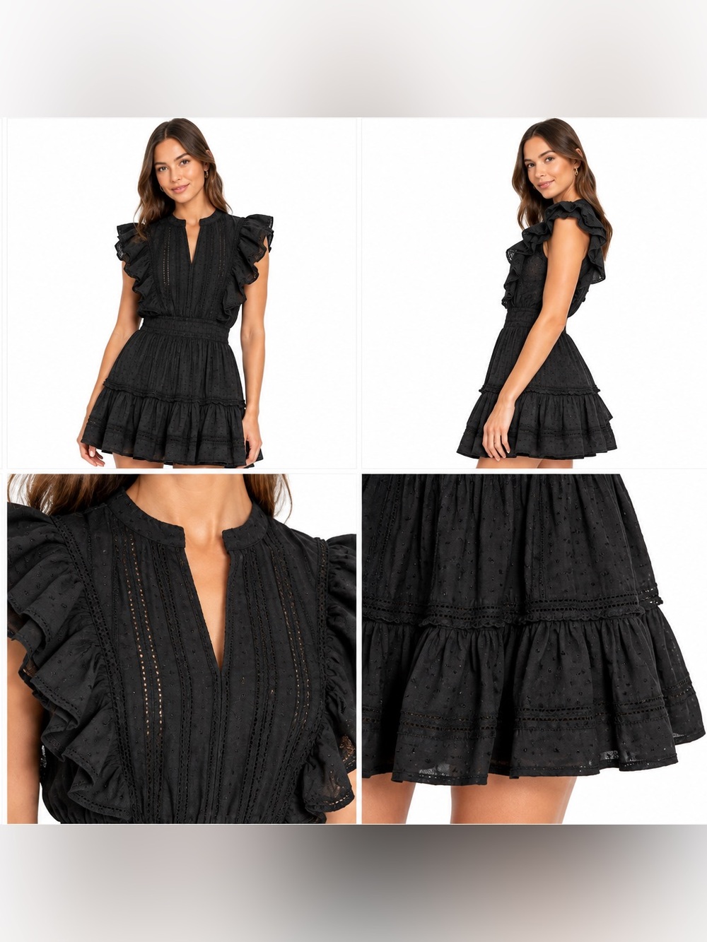 LoveShackFancy Black Ruffled Eyelet Mini Dress